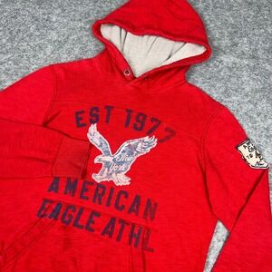 American Eagle Hoodie Mens Small Red Athletic Hooded Pullover‎ Sweatshirt Y2K
